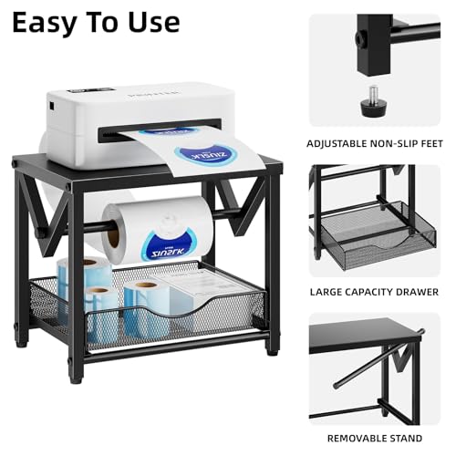 Marbrasse Label Holder for Rolls and Fanfold Labels, Metal Thermal Label Printer Holder with Drawer, Shipping Label Stand,Sticker Roll Holder for Home, Office, Small Business,Black - color: Black