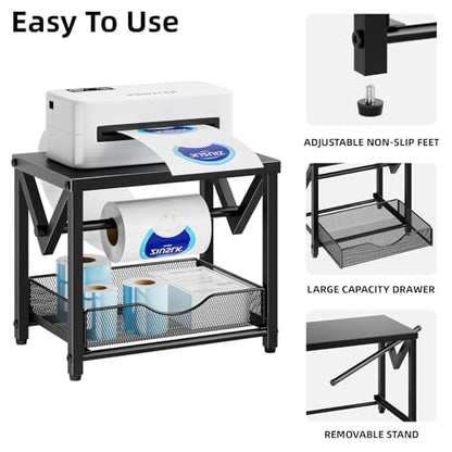 Marbrasse Label Holder for Rolls and Fanfold Labels, Metal Thermal Label Printer Holder with Drawer, Shipping Label Stand,Sticker Roll Holder for Home, Office, Small Business,Black - color: Black