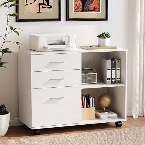 VINGLI 3 Drawer Wood Lateral File Cabinet with Adjustable Shelves & Locking Wheels, Printer Stand with Drawers for Letter Size Files, Sturdy White File Cabinets for Home Office, Study & Business - color: Classic White, size: Lateral 3 Drawer