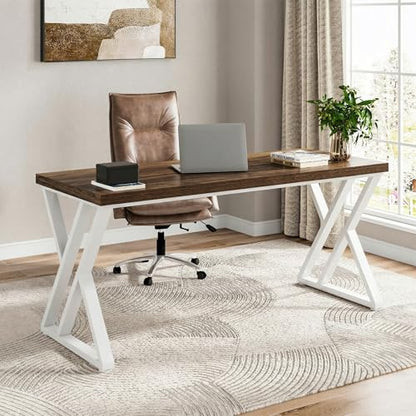 Tribesigns Modern Walnut/White 55" Heavy Duty Computer Desk, Study & Work Desk, 23.6"D x 55.1"W x 29.5"H, Z-Shaped Metal Legs, 330 lbs Capacity - color: Walnut/White