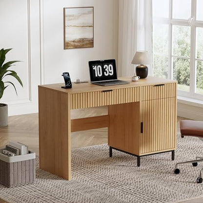 47" Executive Desk with Fluted Drawers, Wooden Home Office Desk with Storage Cabinet, Charging Station, Metal Legs Modern Farmhouse Computer Desk for Work, Study Natural Oak - color: Natural Oak