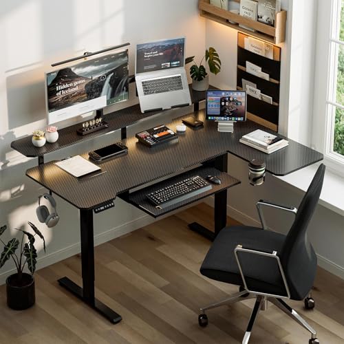 59 Inch L Shaped Standing Desk with Shelves and Keyboard, Electric Corner Standing Desk Adjustable Height, Sit Stand Computer Table with Reversiable Splice Board，Black Carbon - color: Black Carbon, size: L-shaped 59 Inches Keyboard Tray