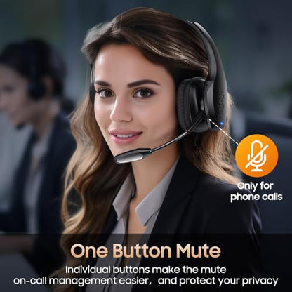 Trucker Bluetooth Headset, Wireless Headset with Mic, Bluetooth Headsets with Dual Noise Cancelling Microphone & Mute Button, 55Hrs Working Time PC Headsets for Cell Phones, Computer, Truck Driver
