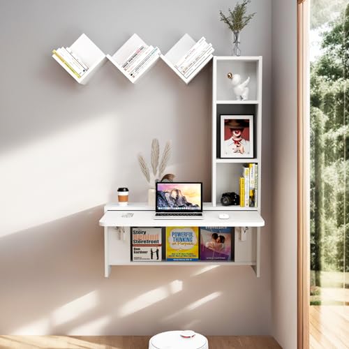 Folding Wall Mounted Drop Leaf Table, Foldable Desk with Moveable Cabinets, Floating Laptop with Convertible Storage Shelves, Multifunctional Computer Workstation in Home for Space Saving - color: White