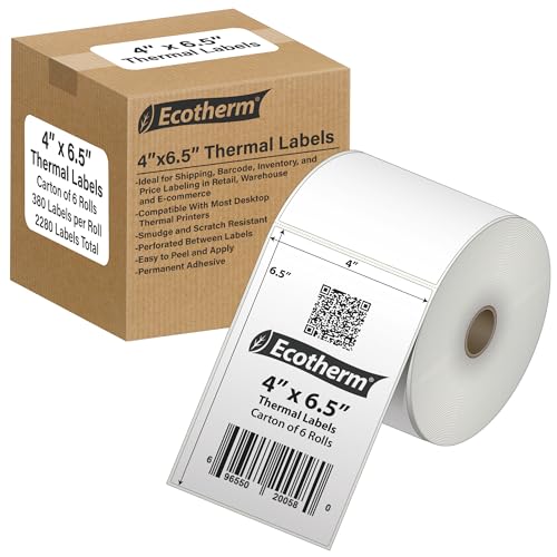 4" x 6.5" Thermal Labels | 6 Rolls | 2280 Labels | fits Zebra, Munbyn, Rollo, Godex, Arkscan, iDPRT, Offnova Thermal Label Printers and More | Blank White Adhesive Stickers by Ecotherm - size: 4 x 6.5 White - 2280 Labels