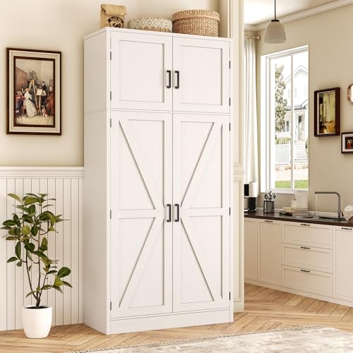 Unikito 71” Tall Kitchen Pantry Storage Cabinet with Adjustable Shelves | Large Farmhouse Storage Cupboard, Barn Doors, Sturdy and Deep, Versatile for Dinning Room, Bathroom, Living Room, White - color: White, size: 31.5 Inch