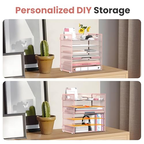 Daltack 6-Tier Paper Organizer for Desk with Handle, Pink | Sturdy Metal Mesh Organizer with Movable Middle Trays and a Carry Handle for Papers, Folders and Office Supplies - color: Pink
