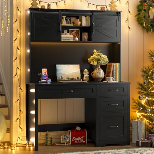 Halitaa Executive Desk with Hutch, Black | Farmhouse 67" H Office Table with LED light, 4 Drawers, Charging Station, File Drawers and Storage Cabinet, for Home Office - color: Black, size: 4-Drawer with File Drawers & LED Light