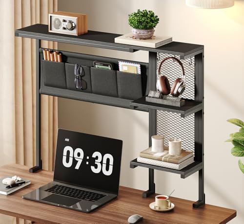 Clamp On Desk Shelf, 3-Tier Above Desk Extender with Pegboard & Hooks, Metal & Wooden Desktop Bookshelf & Organizer, Tabletop Storage Rack for Office Accessories, 38.3" W x 33" H, Black