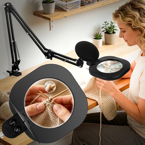 HITTI 30X 12X Long Magnifying Glass with Light and Clamp, 5-Inch Large Real Glass, 5 Color Modes, Stepless Dimmable, Hands Free LED Lighted Magnifier Stand for Workbench, Craft, Jewelry Making - size: 12X & 30X 5 Inch Large Glass