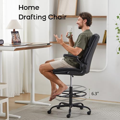 amseatec Drafting Chair, Tall Office Chair with Footrest for Standing Desk | 3-zone backrest and dual-layer cushion add comfort; 90° flip-up armrests plus adjustable foot ring fit counter-height tables - color: Black