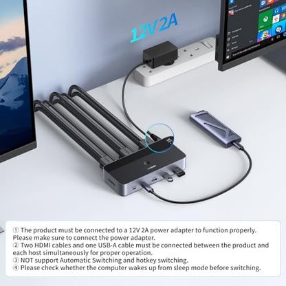 UGREEN HDMI KVM Switch 2 Monitors 2 Computers 4K@60Hz, with 4 USB 3.0 Ports | for 2 Computers Sharing 2 Monitors Keyboard Mouse Printer Webcam, with 4 HDMI + 2 USB Cables, Power Adapter and Controller