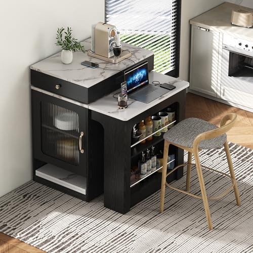 59.5 Inch Kitchen Island with Extendable Dining Table, Black | Black finish, MDF and particle board, kitchen or dining room, extendable table, 2 drawers, glass door, outlet, 59.5 in L - color: Black + Faux Marble Table + Particle Board+mdf