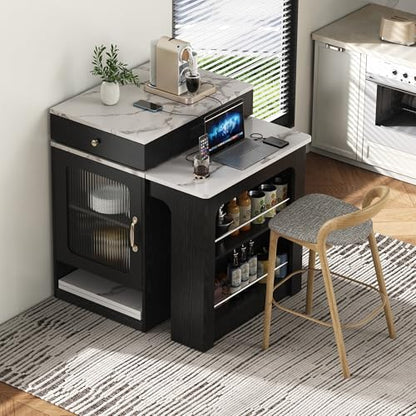 59.5 Inch Kitchen Island with Extendable Dining Table, Black | Black finish, MDF and particle board, kitchen or dining room, extendable table, 2 drawers, glass door, outlet, 59.5 in L - color: Black + Faux Marble Table + Particle Board+mdf
