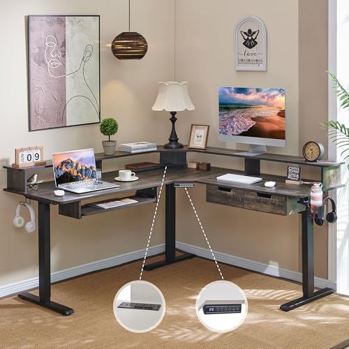 RedLemon 60 Inches L Shaped Electric Standing Desk, Dark Rustic Oak - color: Dark Rustic Oak, size: 60"X60"