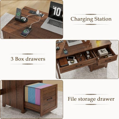 Farmhouse 47" Computer Desk, Executive Desk with File Drawer, Red-Brown. - color: Red-brown