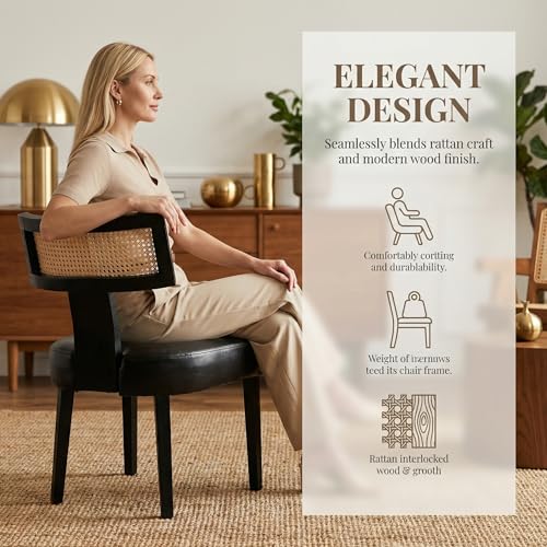 HNY Mid Century Modern Rattan Dining Chairs Set of 2, Farmhouse PU Leather Upholstered Accent Chair Curved Backrest Kitchen Chairs, with Black Hardwood Frame, Black - color: Black Rattan