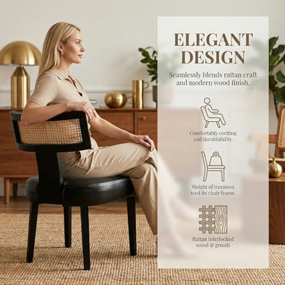 HNY Mid Century Modern Rattan Dining Chairs Set of 2, Farmhouse PU Leather Upholstered Accent Chair Curved Backrest Kitchen Chairs, with Black Hardwood Frame, Black - color: Black Rattan