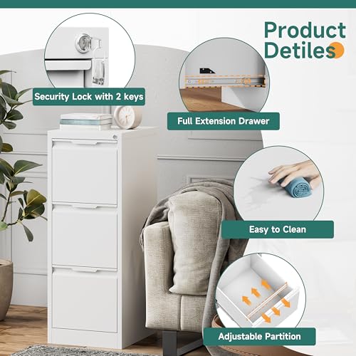 3 Drawer Metal Vertical File Cabinet with Lock for Home Office | 17.8 Inch Depth,38.4 Inch High,Fits A4/Legal/Letter Size File,Easy Assembly,Adjustable Hanging Bar,White - color: White, size: 17.8"D x 15"W x 38.4"H（3 Drawers）