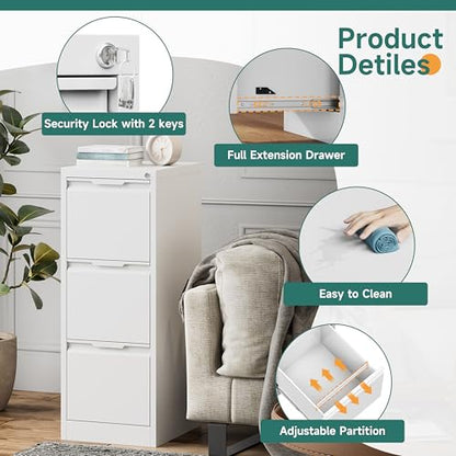 3 Drawer Metal Vertical File Cabinet with Lock for Home Office | 17.8 Inch Depth,38.4 Inch High,Fits A4/Legal/Letter Size File,Easy Assembly,Adjustable Hanging Bar,White - color: White, size: 17.8"D x 15"W x 38.4"H（3 Drawers）