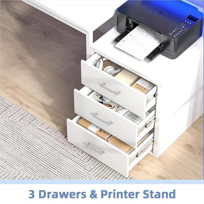 MaverickFurni 67" White Office Desk with 3 Drawers and LED Lights - color: White