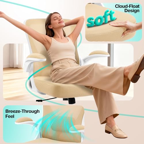 Office Chair - Ergonomic Breathable Mesh Desk Chair with Adjustable Lumbar Support and Flip-up Armrests - Executive High Back Rolling Swivel Comfortable Computer Gaming Chair for Home Office - color: Khaki