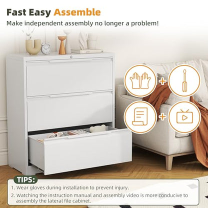 3 Drawer Metal Lateral File Cabinet with Lock for Home Office | 35.5 Inch Ultra Spacious Tabletop,330 LBS Max Weight Capacity,Fits Letter/Legal/F4/A4 Size,Fast Easy Assemble,White - color: White, size: 15.7"D x 35.4"W x 40"H（3 Drawers）
