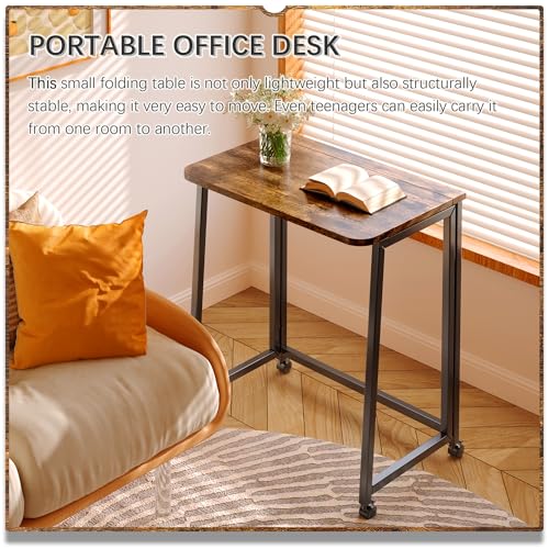 4NM 23.6" Mobile Small Folding Desk, Foldable Rolling Computer Home Office Desk, Study Writing Table for Small Space Saving Bedroom, with Wheels - Rustic Brown and Black - color: Rustic Brown and Black, size: 23.6"W x 15.7"D