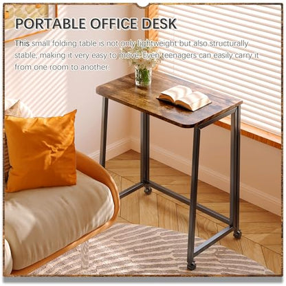 4NM 23.6" Mobile Small Folding Desk, Foldable Rolling Computer Home Office Desk, Study Writing Table for Small Space Saving Bedroom, with Wheels - Rustic Brown and Black - color: Rustic Brown and Black, size: 23.6"W x 15.7"D