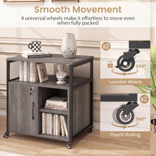 Rolling File Cabinet, Printer Stand with Charging Station (Grey) | Mobile Lateral Filing Cabinet | Adjustable Shelf & Metal Frame | Lockable Wheels | For Home Office & Small Space - color: Grey