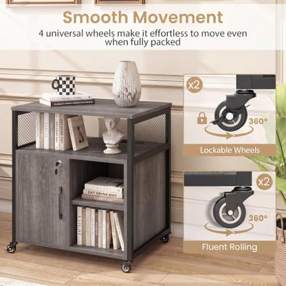 Rolling File Cabinet, Printer Stand with Charging Station (Grey) | Mobile Lateral Filing Cabinet | Adjustable Shelf & Metal Frame | Lockable Wheels | For Home Office & Small Space - color: Grey