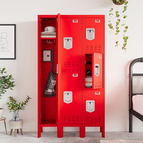 BUTISOW 3 Door Employee Metal Locker w/Card Slot for School Gym Office | Ventilated Metal Steel Locker with Mirror & Multi Hooks for Secure Storage - color: Red, size: 3 Door - (66.15" H x 11.8" W x 11.8" D)