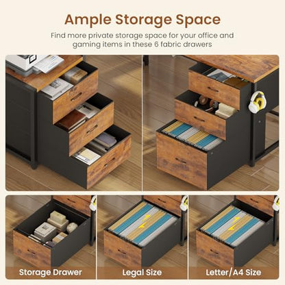 SEDETA Reversible L Shaped Gaming Desk with 6 Drawers, Hutch, Led Lights - color: Rustic Brown
