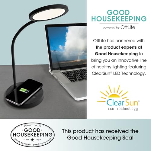 OttLite Good Housekeeping Circular Desk Lamp, Wireless Charging, Black - color: Black