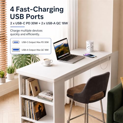 2.4" Pop Up Countertop Outlet, 30W USB-C & Wireless Charger | Fits 2.4 in (60mm) grommet holes, 4 AC outlets, 2 USB-C 30W, 2 USB-A 18W, 15W wireless charging and 1.5m cord, White - color: White