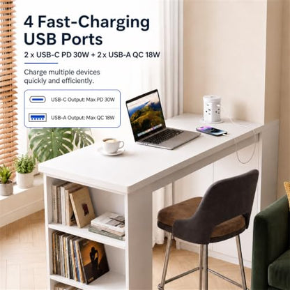 2.4" Pop Up Countertop Outlet, 30W USB-C & Wireless Charger | Fits 2.4 in (60mm) grommet holes, 4 AC outlets, 2 USB-C 30W, 2 USB-A 18W, 15W wireless charging and 1.5m cord, White - color: White
