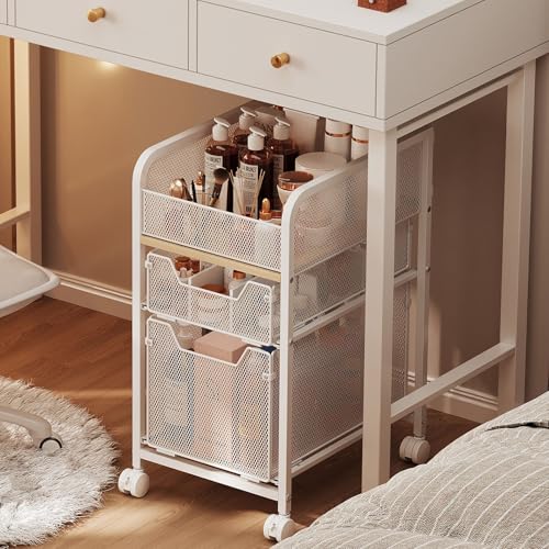 Hongtamoya Rolling Makeup Cart Organizer with 2 Drawers, Under Desk Storage | Narrow Floor Skincare Organizers, Vanity Organizer Cosmetics Display Cases Holder for Nail Polish Perfume Makeup Brush, White - color: White, size: Narrow+1S+1L Drawers