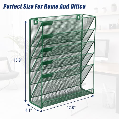 EASEPRES Desk File Organizer Mesh 6-Tier, Hanging Wall Mount Document Organization Stand, Desktop Vertical Mail Paper Folder Holder Rack with Bottom Tray for Office Home Cubicle Countertop, Dark Green - color: Dark Green, size: 6 Tier