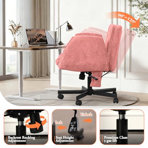 Criss Cross Chair with Lumbar Airbag & Folding Arms Relieve Back Pain, Wide Cross Legged Office Chair for Home Office, Comfy Swivel Desk Chair with Wheels, 5 Level Adjustable Armrest, Chenille(Pink) - color: Pink, style: With Airbag Lumbar Support