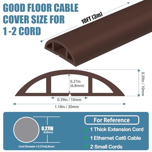 Floor Cord Covers for Wires 10FT Cable Hider Wire Cover Self Adhesive Cord Hider Floor for Offices, Homes, Workshops, Warehouses Cable Cavity 0.39" W x 0.27" H - color: Coffee, size: 1.18" x 10'