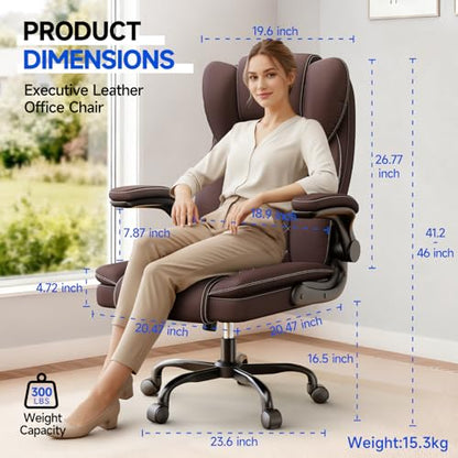 naspaluro Ergonomic Office Chair, Executive PU Leather Chair, Computer Desk Chair with Adjustable Lumbar Support Flip-up Arms, Executive Task Chair, Office Chairs for Home Office, Big and Tall, Brown - color: Brown