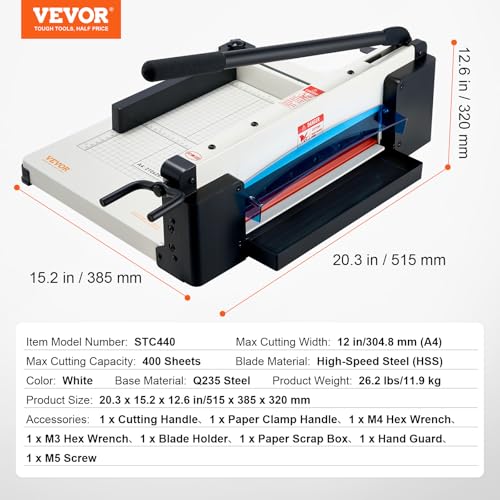 VEVOR Heavy Duty Paper Cutter, 12" Industrial Commercial Guillotine Paper Cutter for A4 Paper, 400 Sheet Capacity, Solid Steel Construction, Stack Paper Trimmer for Office Home School Shop, White - size: 12" Cutting width
