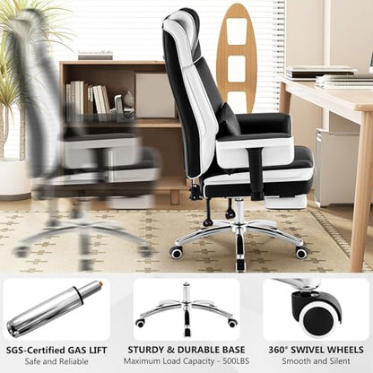 Heavy Duty Office Chair with Footrest High Back, PU Leather Office Chair with with Adjustable Lumbar Support, Reclining Computer Desk Chair with Adjustable Height, Adjustable Armrests, Black White - color: Black&white