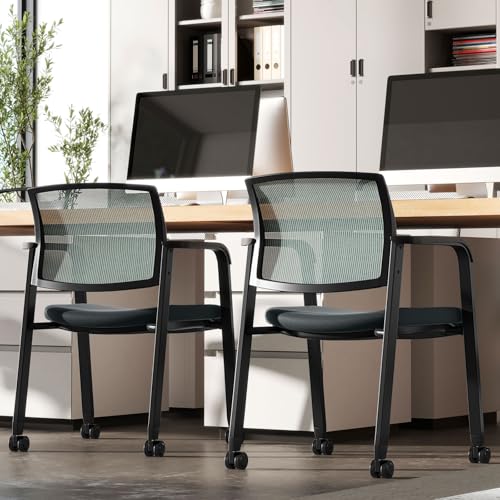 Tangkula Rolling Conference Room Chairs Set of 2, Stackable Office Guest Mesh Chairs with Armrests and Wheels, Ideal for Waiting Room Office, School, Lobby (Grey) - color: Grey, size: Set of 2
