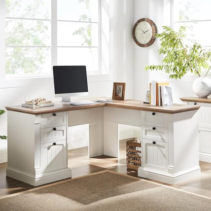 OKD 60" L Shaped Executive Desk, Farmhouse Desk with Drawers,Antique White - color: Antique White