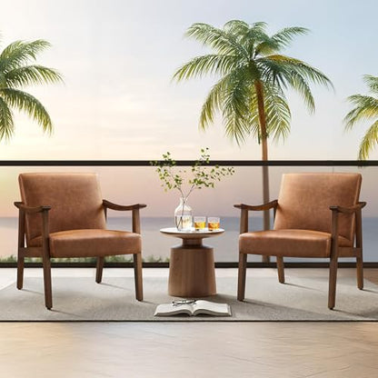 Yaheetech Accent Chairs Set of 2, Mid-Century Faux Leather Armchairs Brown - color: Brown