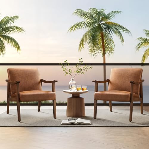 Yaheetech Accent Chairs Set of 2, Mid-Century Faux Leather Armchairs Brown - color: Brown