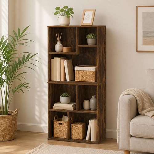 7-Cube Bookcase, Cube Storage Organizer Bookshelf, Irregular Compartments Book Shelf, 9.4 x 18.9 x 42.1, for Bedroom, Living Room, Home Office, Amber Pine - color: Amber Pine, size: 7 Cube