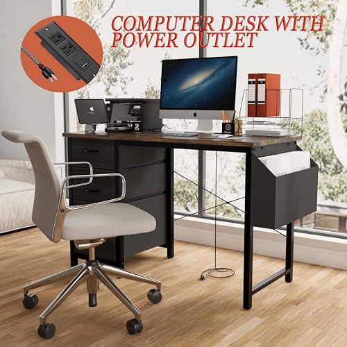 47.3 Inch Home Office Desk with Power Outlet & USB-C, 3 Drawers & Side Pocket, Study Desk with Stable Frame, Reversible Design for Computer Desk, Gaming Table, Vanity Desk (Rustic Brown)