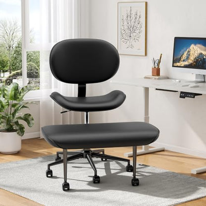 Cross Legged Office Chair with Wheels for ADHD, Ergonomic 360° Swivel Height-Adjustable Meditation Chair for Yoga, Wide Kneeling Chair with Strong Lumbar Support, PU Leather, Black - color: Black-pu